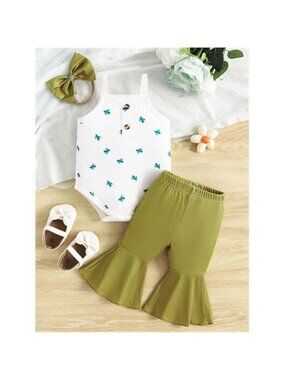 Children's Printed Bodysuit & Flare Leg Pants & Headband 3-Piece Set